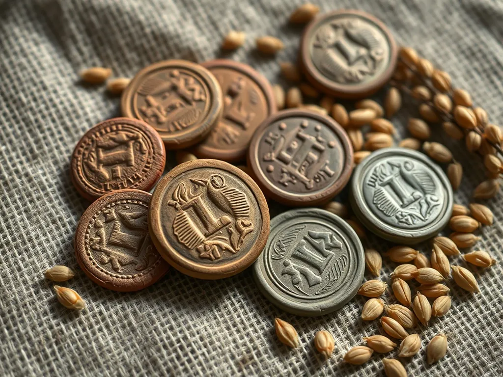 Close-up of ancient clay tokens and grain seeds on a rough l