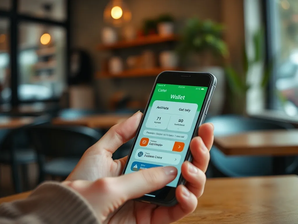Smartphone with a digital wallet app being used at a cafe, l