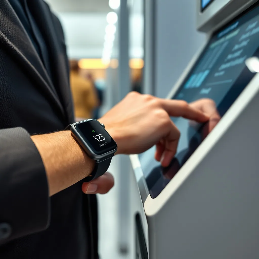 Close up of a person using a smartwatch to pay at a modern t