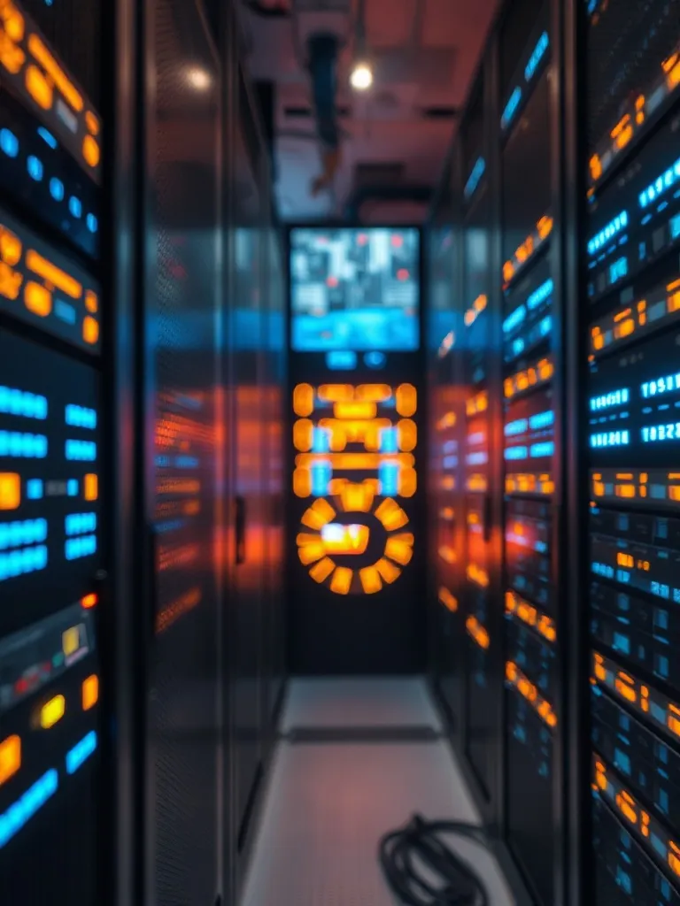 Macro shot of a high-tech server room with blue and orange L