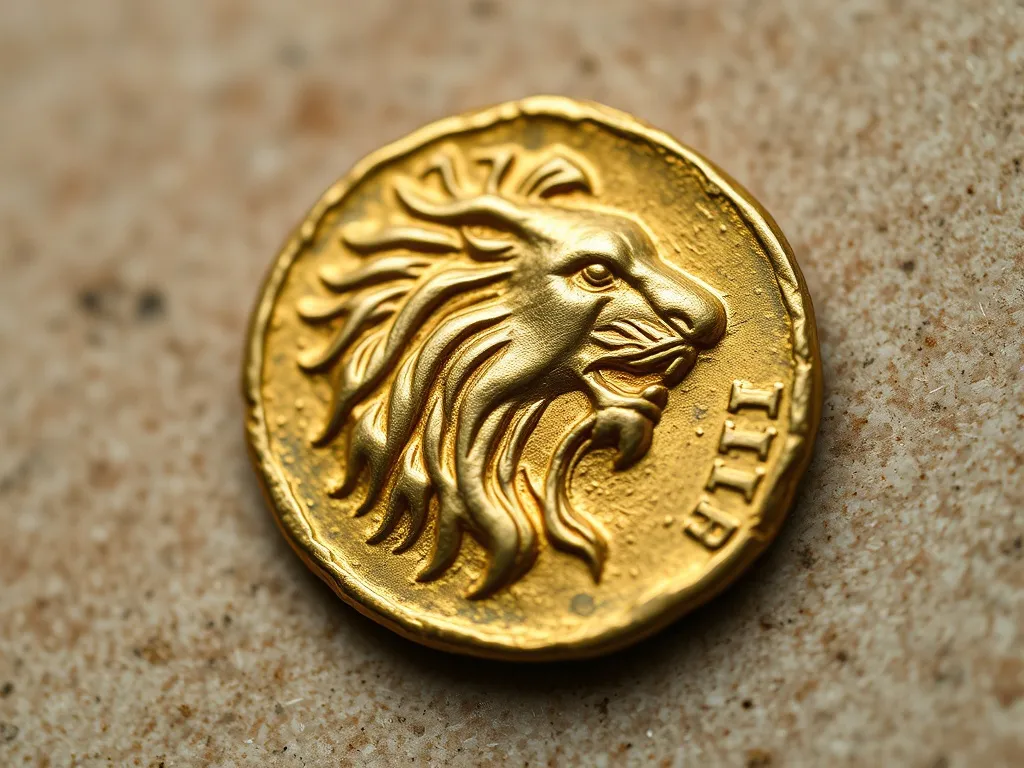 Close-up of ancient Lydian stater coin made of electrum, lio