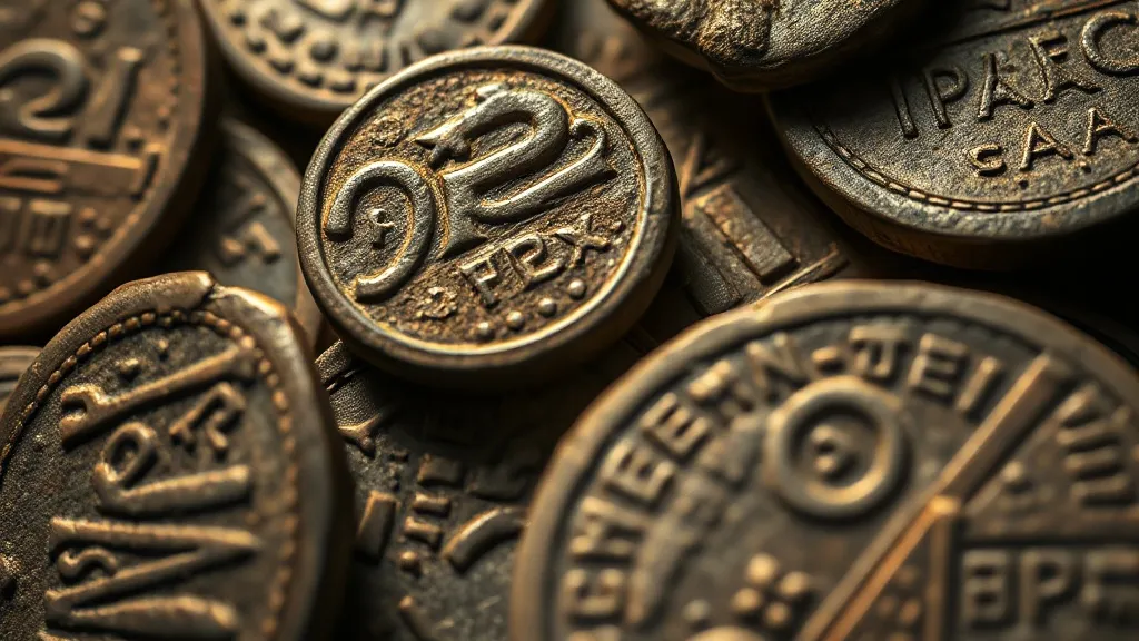 Detailed close-up of ancient bronze coins and clay tablets w