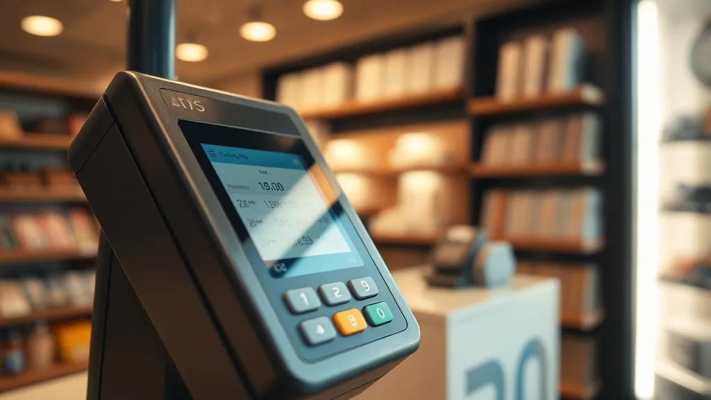 Close up of a modern payment terminal in a store, clean mini