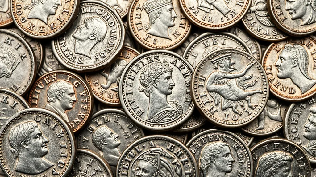 Collection of Roman silver denarii coins, showing various em
